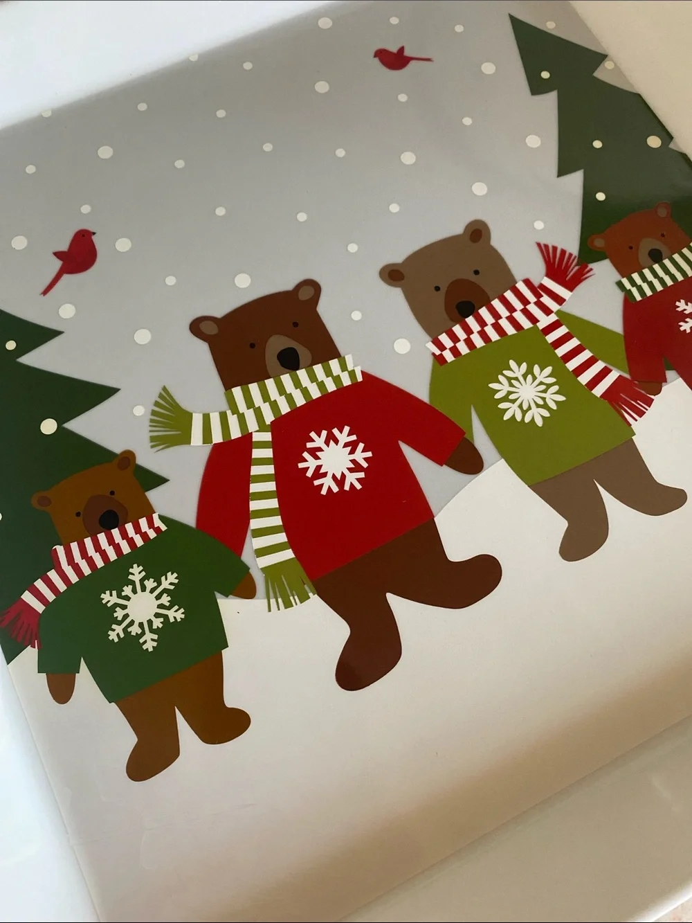 Crate&Barrel Christmas holida Bear Square Serving Platter with Red & Green